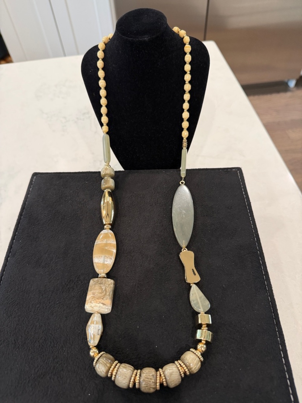 Chico's Beige and Gold Mixed-Bead Long Necklace
